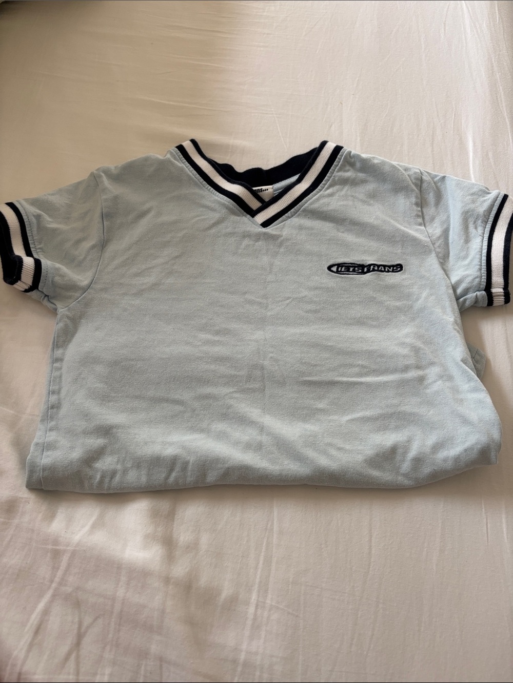 Light Blue V-Neck Crop Top with Navy Trim